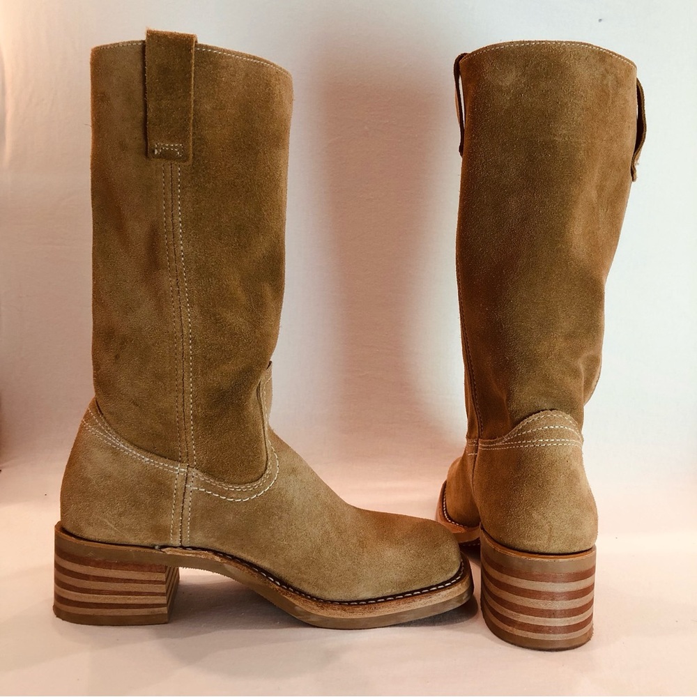 FRYE CAMPUS 12R Tan Mid Calf Suede Leather Boots Stacked wood heel Round toe 6.5 - Picture 11 of 15